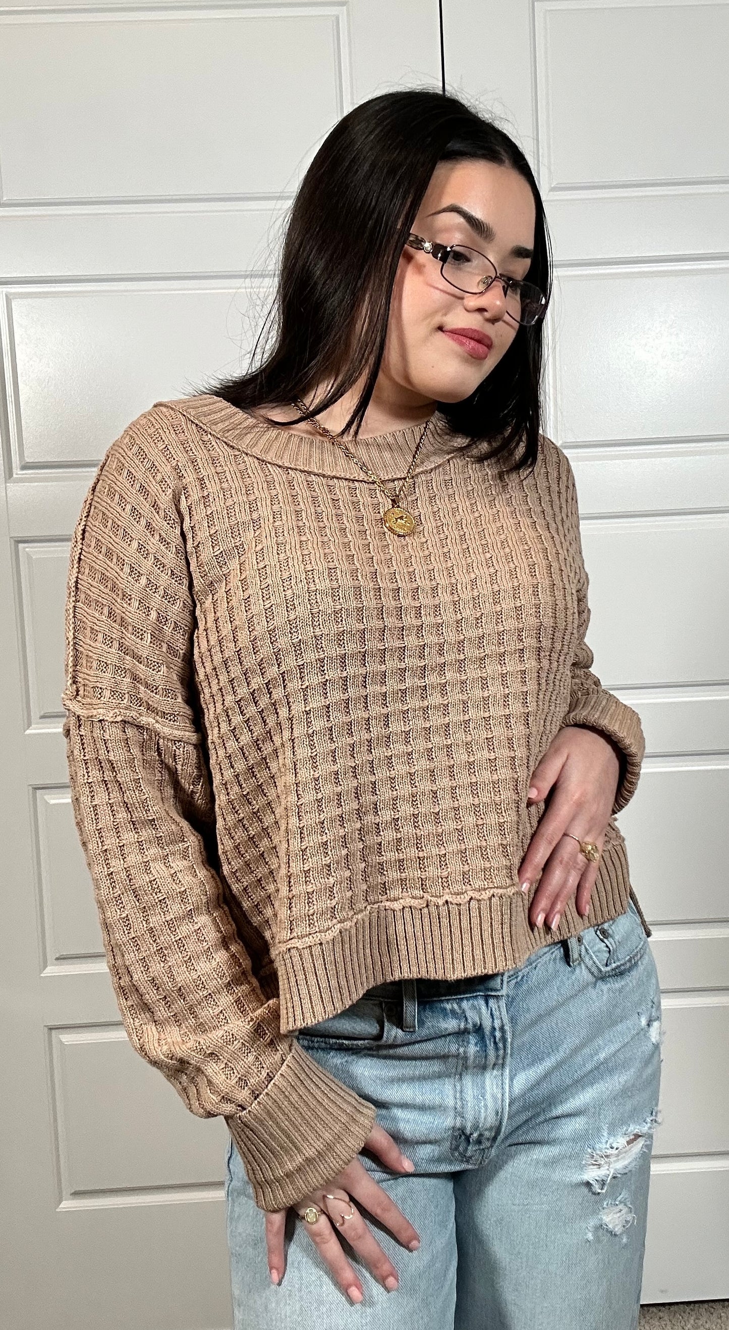 Brown waffle knit pullover sweater