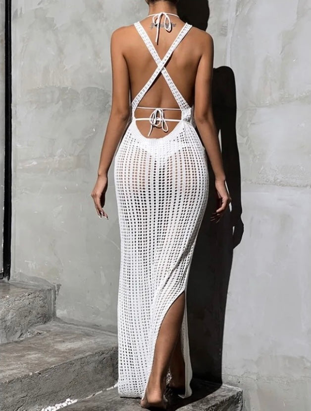 Knitted hollowed out out backless cover up