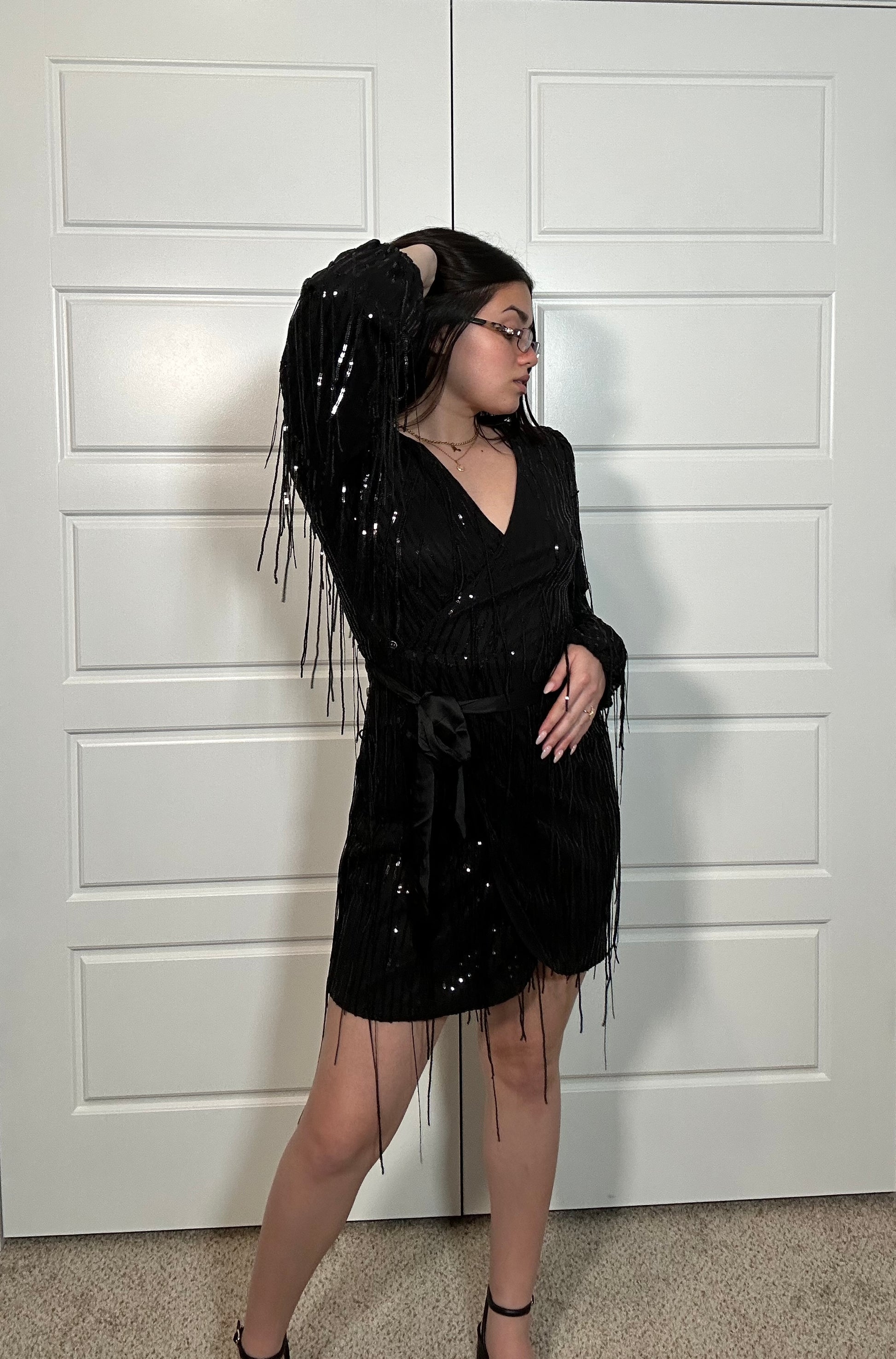 short fringe mini dress Short Beaded Fringe Mini Dress with Sheer Sleeves 48152