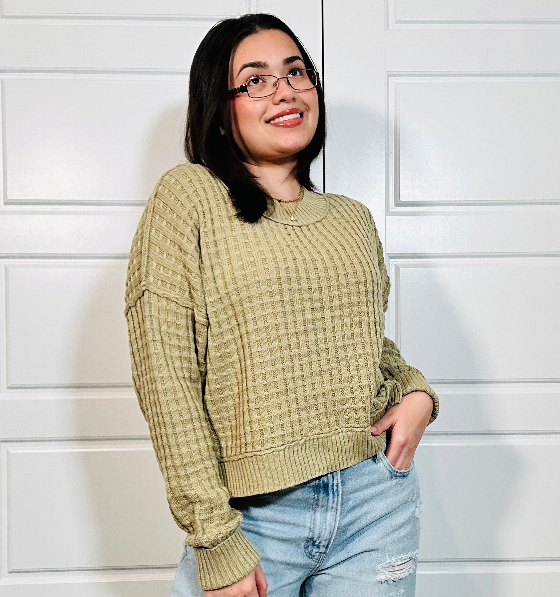 Green waffle knit pullover sweater