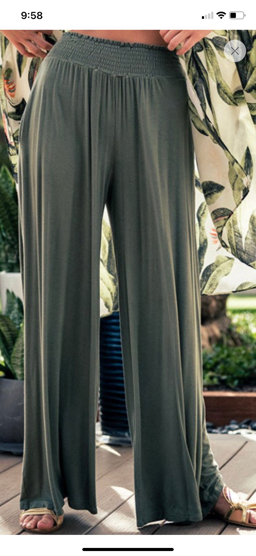 Sage green palazzo wide leg pants with stretch waistband
