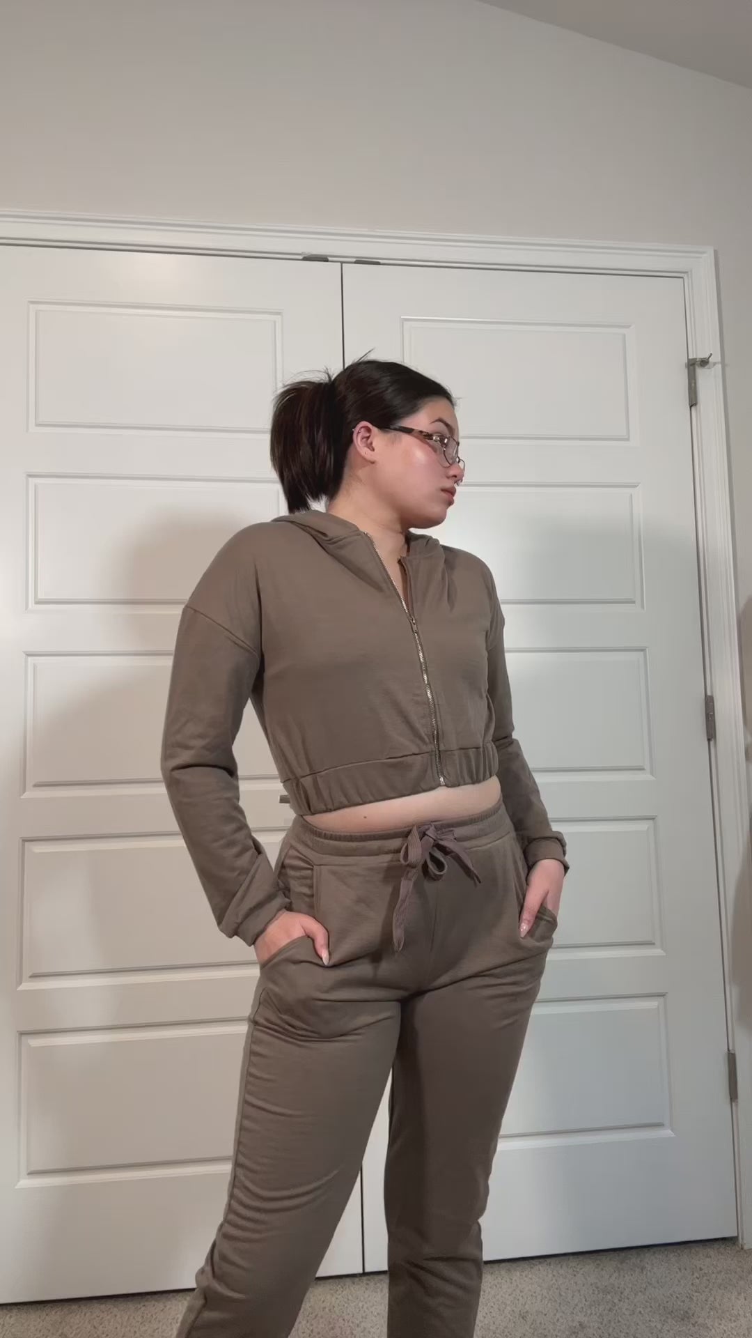 Brown cropped zip up loungewear jacket with matching crop top