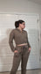 Brown cropped zip up loungewear jacket with matching crop top
